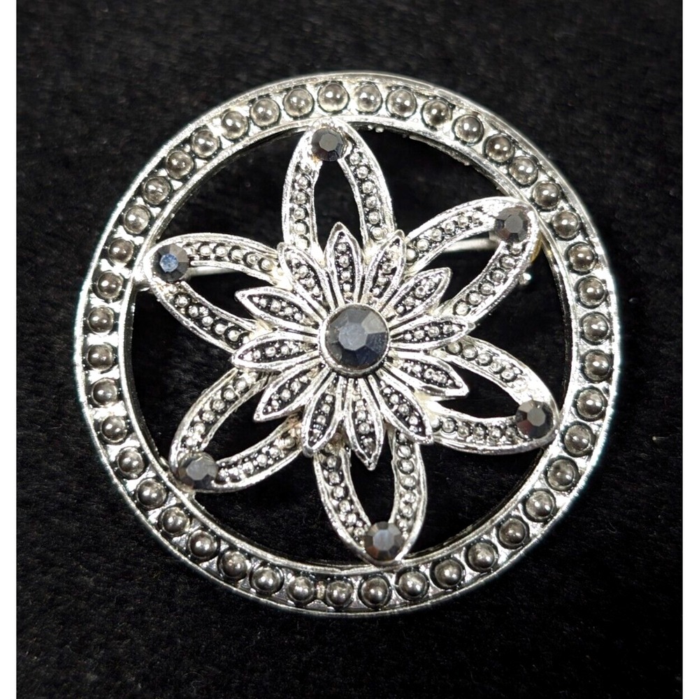 Retro Flower Faux Marcasite Rhinestone Round Brooch Pin